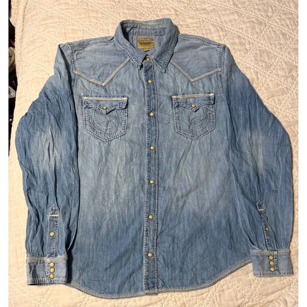 True Religion Western Denim Shirt Mens XXL Light Blue Slim Fit Pearl Snap Shirt